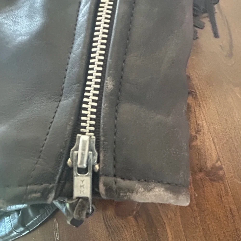 Vintage 90s First Genuine Leather Fringe Biker Jacket Black Western Moto Belted - Picture 7 of 8